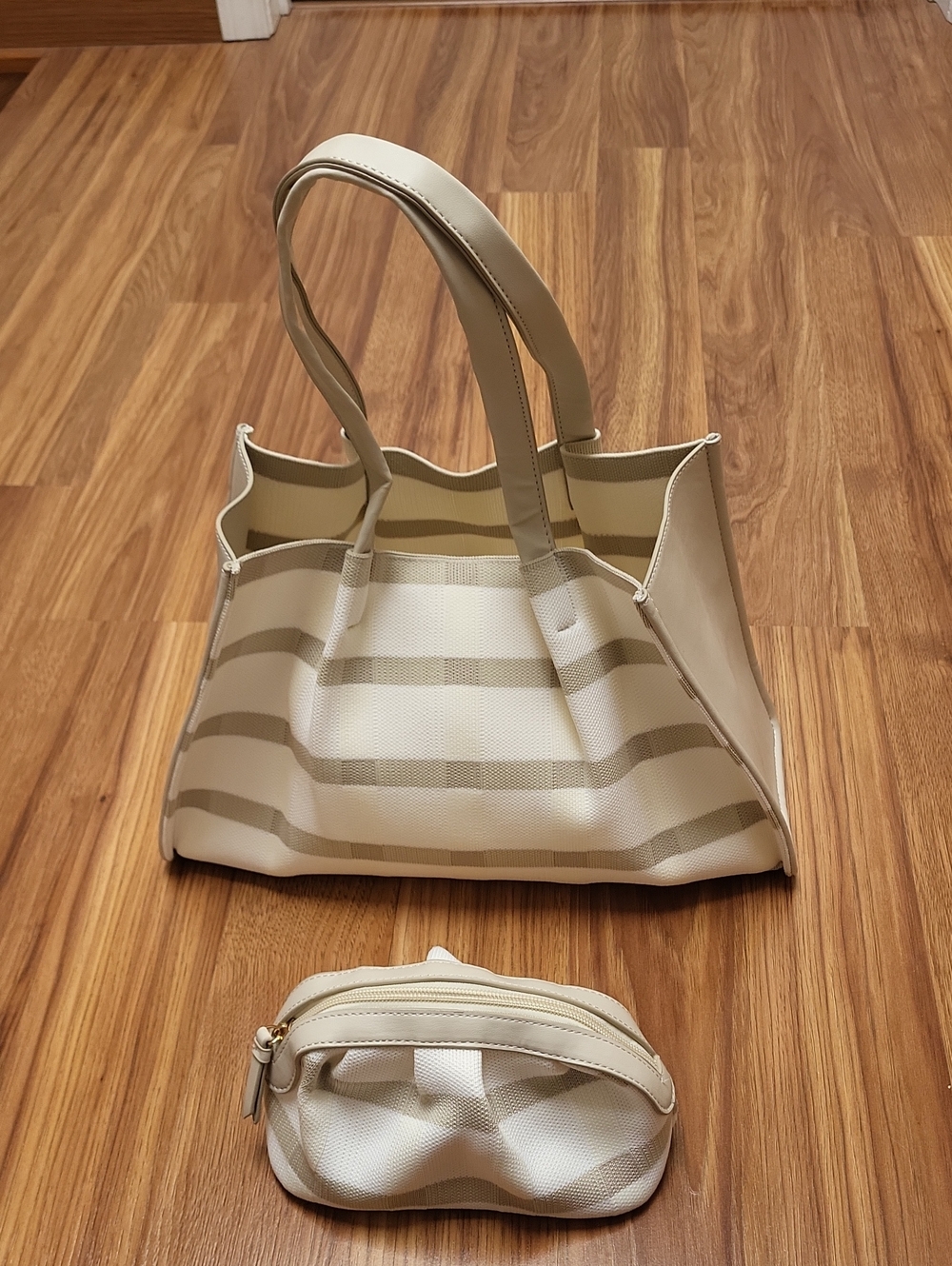 Neiman Marcus Cream and Beige Striped Tote with Matching Pouch